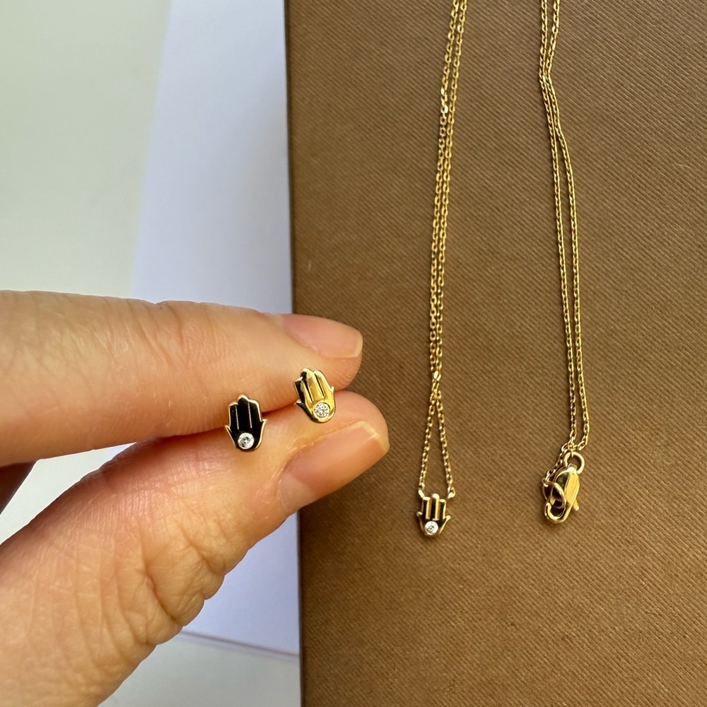 14K Solid Gold with Diamond Hamsa Hand necklace and earrings set - Picture 5 of 7